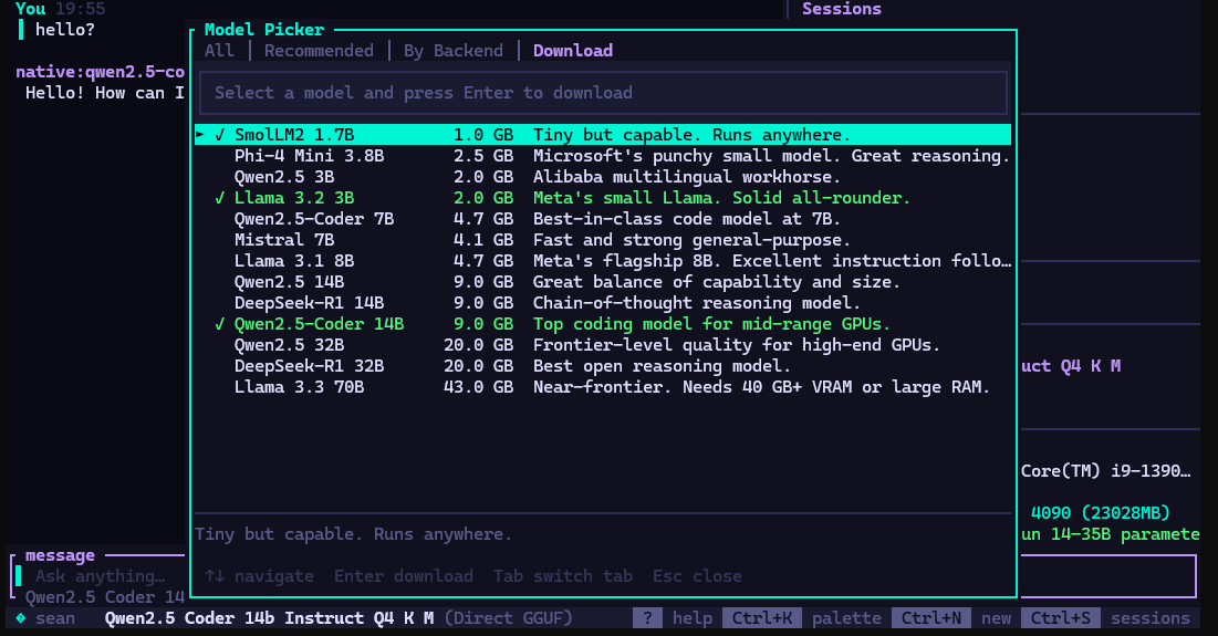 HyperLite model picker